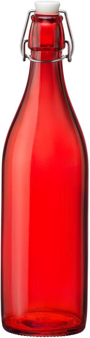 Bormioli Rocco Giara Beverage Bottle with Clamp Lid, 33.75 oz - Leakproof Glass Container for Homemade Juices & Dressings - Stylish Drinkware Storage for Kitchen/Restaurant - Made in Italy (Red)