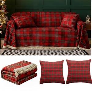 Oudain Christmas Couch Cover Sets with 2 Pillowcase 71"x 134" Buffalo Plaid Red Sofa Covers Farmhouse Couch slipcover 3 Seat for Christmas Decorations Room Furniture Protector
