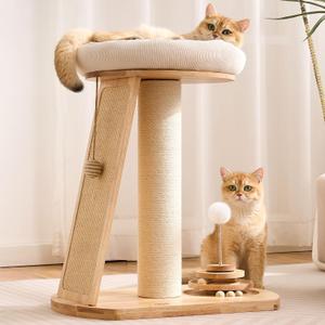HITTITE Solid Wood Cat Tree Tower, Cat Scratching Post with Bed, 27" Small Cat Tree, Compact Cat Tower with Scratching Pad and Removable Cat Bed, Modern Cat Tower for Indoor Cats Large Adult (White)