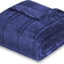 Super Soft Flannel Queen Blanket 90x90 Inches, Premium Checkered Jacquaed Silky Fleece Lightweight Bed Blanket All Season Use, Navy Blue-1 Strip, 90"x90"