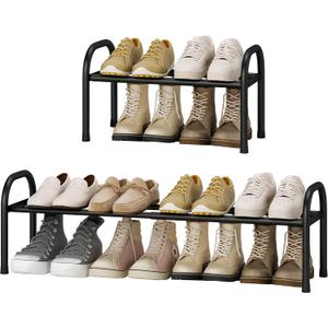 STO STO Expandable Shoe Organizer, 1-Tier Metal Shoe Rack for Closet, Up to 8 Pairs Adjustable Storage for Front Door Entrance, Free Standing Organizer for Entryway, Black