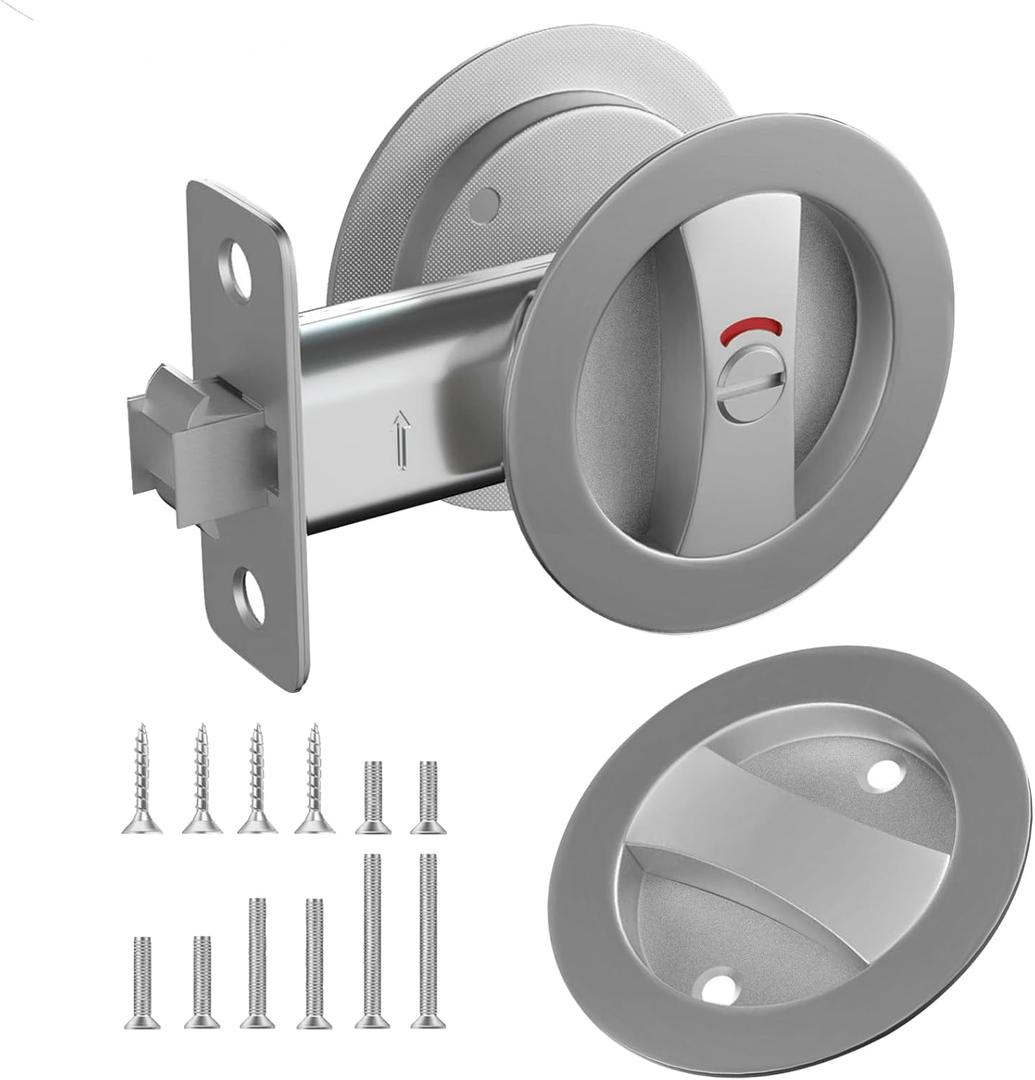 Round Pocket Door Lock with Indicator,1 Pack Satin Nickel Contemporary Privacy Pocket Door Hardware,Flush Pocket Door Latch(2-3/8" Backset) for 1-3/5" to 2-1/8" Thickness Door,Brushed Nickel (Round Lock with Indicator - 1 Pack, Brushed Nickel)