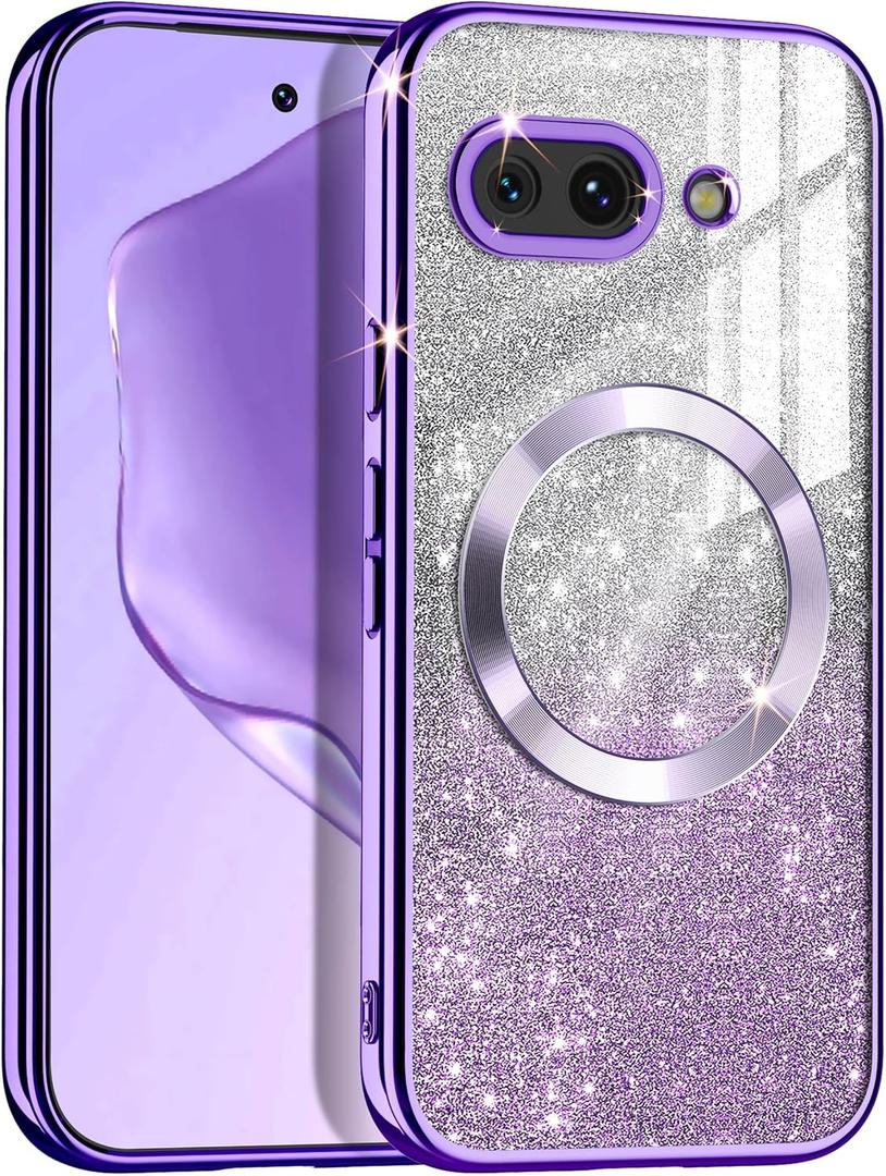Casetego for Google Pixel 9a Case, Compatible with MagSafe, Glitter Sparkle Magnetic Plated Slim Shockproof Soft TPU Bumper Full Protection Case for Google Pixel 9a,Deep Purple