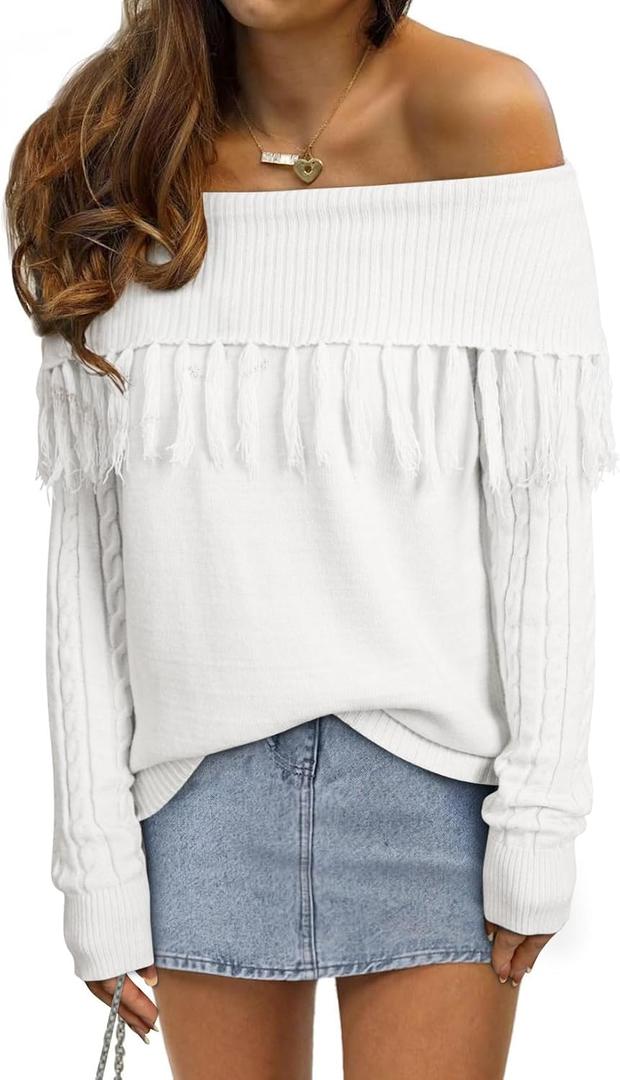 EVALESS Womens Off The Shoulder Sweater Fall Fringe Long Sleeve Loose Pullover Sweaters Tops (White, XL)