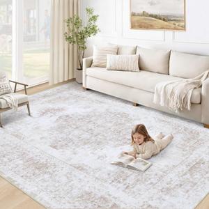 XLUEZ Area Rug 5x7 Living Room Rug, Machine Washable Vintage Distressed Medallion Rug Non-Slip Soft Low Pile Large Indoor Rugs for Bedroom Kitchen Dining Room Office(Beige,5'x7')