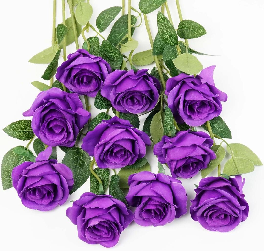 10pcs Purple Silk Roses Artificial Rose Flowers Long Stem for DIY Wedding Bouquet Table Centerpiece Home Dcor