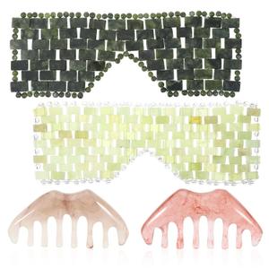 4 Pcs Jade Eye Mask and Hair Comb Set Scalp Massage Tool Cooling Mask Green Jade Stone Facial Massage Tool For Relax, Puffiness Supplies Esthetician Essentials At-Home Spa & Facial Care Gift Set