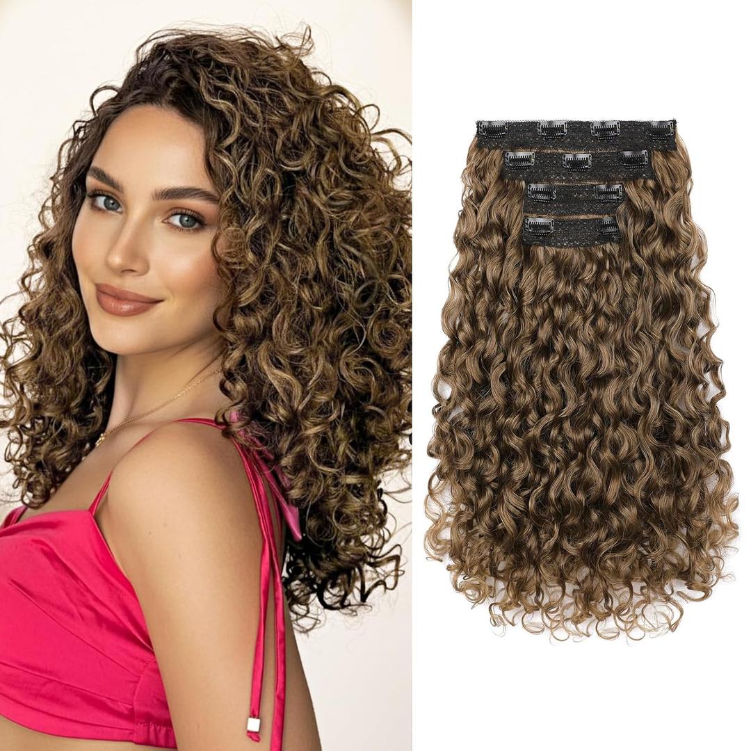 REECHO Curly Hair Extensions - 4PCS 14" GoGo Curly Clip in Hair Extensions 100% Super Protein Hairpieces with Invisible Lace Weft Silky Soft Natural Look for Women - Golden Walnut