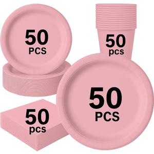 Oojami Light Pink Disposable Dinnerware Set 200 Piece Party Pack for 50 Guests with 9" Dinner Plates, 7" Dessert Plates, 9 oz Cups & 3-Ply Napkins for Weddings, Birthdays & Events