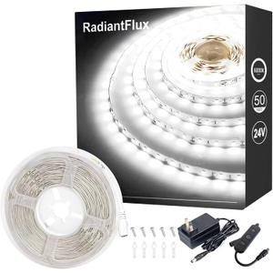RadiantFlux White Led Strip Lights, Dimmable LED Lights Strip, 50Ft 900Leds, Super Bright LED Tape Lights for Living Room, Bedroom, Kitchen, Vanity Mirro,Flexible LED Light Strips for Indoor Use