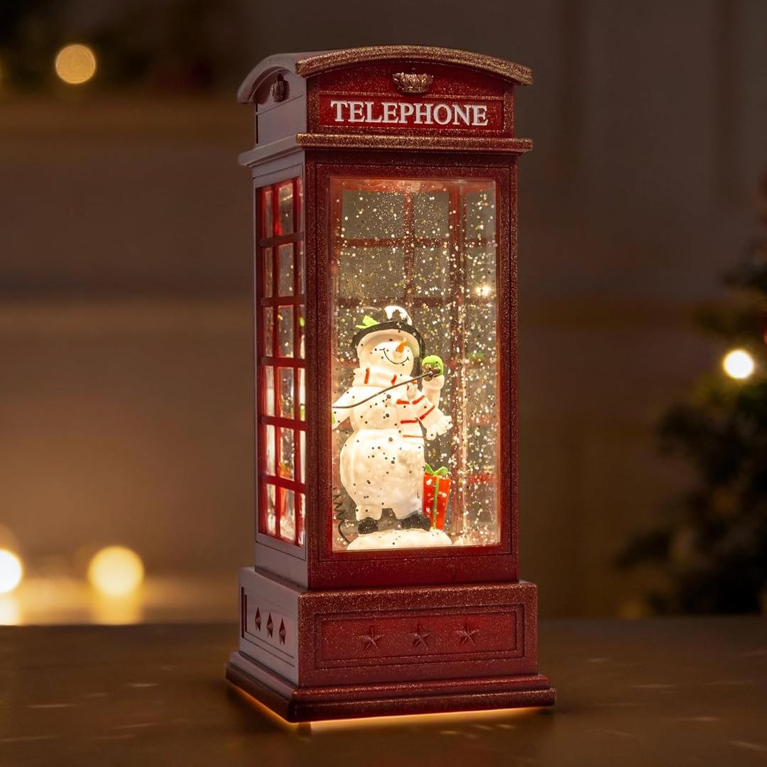 Large Snow Globes, Snowman Christmas Lantern,Glitter Vintage Phone Booth, 8 Songs, 6H Timer Battery & USB Powered, Music Box for Christmas Table Decorations