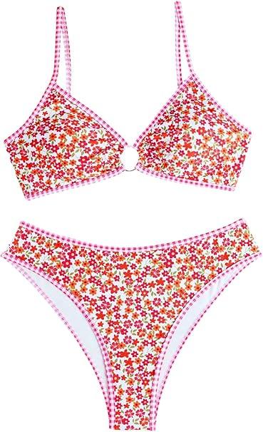 Floerns Women's 2 Piece Bikini Set Floral Tie Front High Waisted Bathing Suit, L