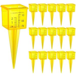 Okllen 15 Pack Rain Gauge, 1.5" Sprinkler Gauge with Wide Mouth, Outdoor Water Measuring Tool for Lawn, Garden, Yard, Bright Yellow, Transparent, Zero is 1/4" from The Bottom