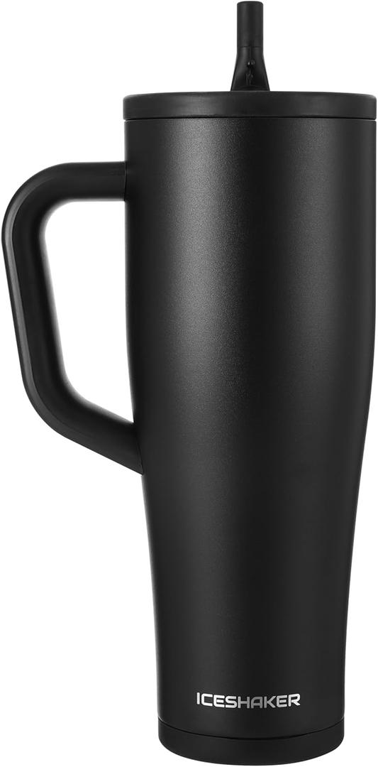 Ice Shaker 40 oz Tumbler with Handle and Straw | 40oz Black | Cold for 30+ Hours | 2-in-1 Tumbler Shaker Bottle | Odor-Free 40 ounce Bottle for Water, Protein Shakes, Smoothies, Cocktails