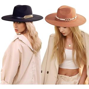 2 Pack Wide Brim Stylish Felt Panama Hats for Women & Men - Classic Fedora Hats With Belt Buckle