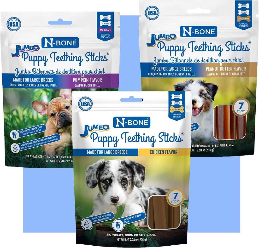 2 x N-Bone Puppy Teething Sticks Jumbo 7 Count Bag Variety Pack, Chicken & Peanut Butter & Pumpkin Flavor, Total 3 Bags, 21.86-oz, 21 Sticks (EXP 09/04/27)