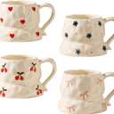 Cute Floral Coffee Mug Set of 4-12oz Ceramic Flower Embossed Cups with Petal Handles, Dishwasher and Microwave Safe