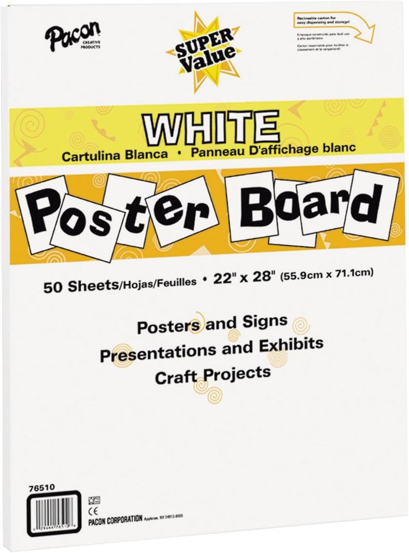 Scola Super Value Poster Board, 22 x 28 Inches, White, Pack of 50