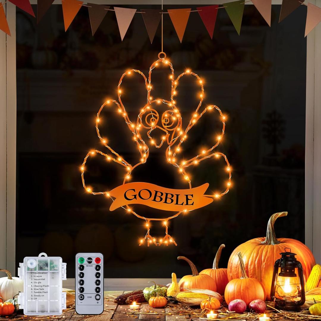 [Timer & 8 Modes] Thanksgiving Turkey Decorations Window Lights, Thanksgiving Window Decorations Silhouette Light Orange Battery Operated Turkey Lights for Home Indoor Thanksgiving Party Decor