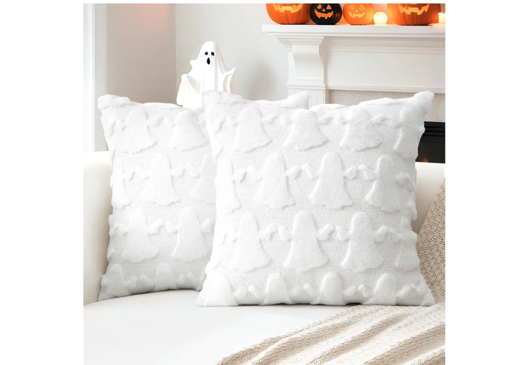 OTOSTAR Set of 2 Ghost Pillow Covers Halloween Throw Pillow Covers for Sofa Couch Bed Living Room Soft Plush Short Wool Velvet Farmhouse Throw Pillow Covers for Thanksgiving Pure White 16x24 Inch