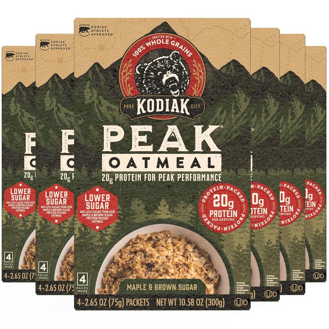 Kodiak Cakes Peak Instant Oatmeal Packets, Maple Brown Sugar, High Protein,100% Whole Grains, 6 box with 4 packets each (Total of 24 packets) BB 23 JUL 2026