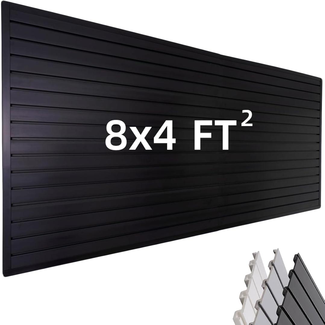 FRAYSCENT Slat Wall Paneling Garage Wall Organizer, Slatwall Panels Garage Tool Organizer Wall Mount Garage Slat Wall Storage Systems, Slat Board PVC Wall Panels Garage Storage (Black, 8ftx4ft)