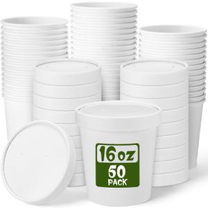 Fulmoon 50 Pack 16oz Paper Soup Containers with Lids, Disposable Kraft Paper Soup Cups Ice Cream Bowls Food Storage with Lids, Microwavable and Freezer Safe(White)