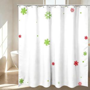 Christmas Shower Curtain and Ring Set, Green Shower Curtain with 12 Plastic Hooks for Bathroom Winter Holiday Xmas Decoration 72" x 72" (White)