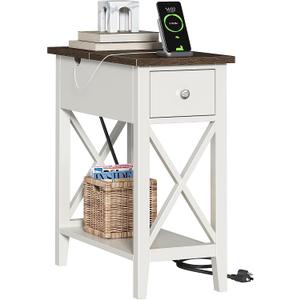 ChooChoo Farmhouse End Table with Charging Station, Accent Small Side Table Nightstand for Living Room, Bedroom, and Small Spaces, Soft White, 1 Pack