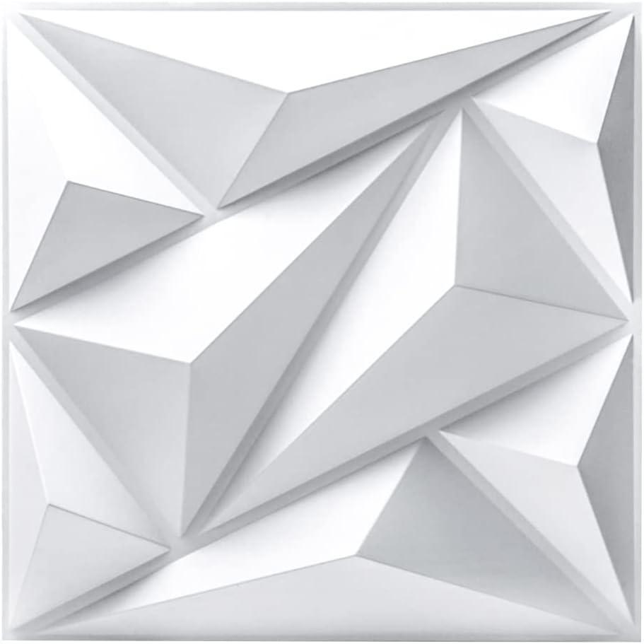 Art3dwallpanels PVC 3D Wall Panel Diamond for Interior Wall Dcor in White, 19.7" x 19.7" Wall Decor PVC Panel, 3D Textured Wall Panels, Pack of 12 Tiles
