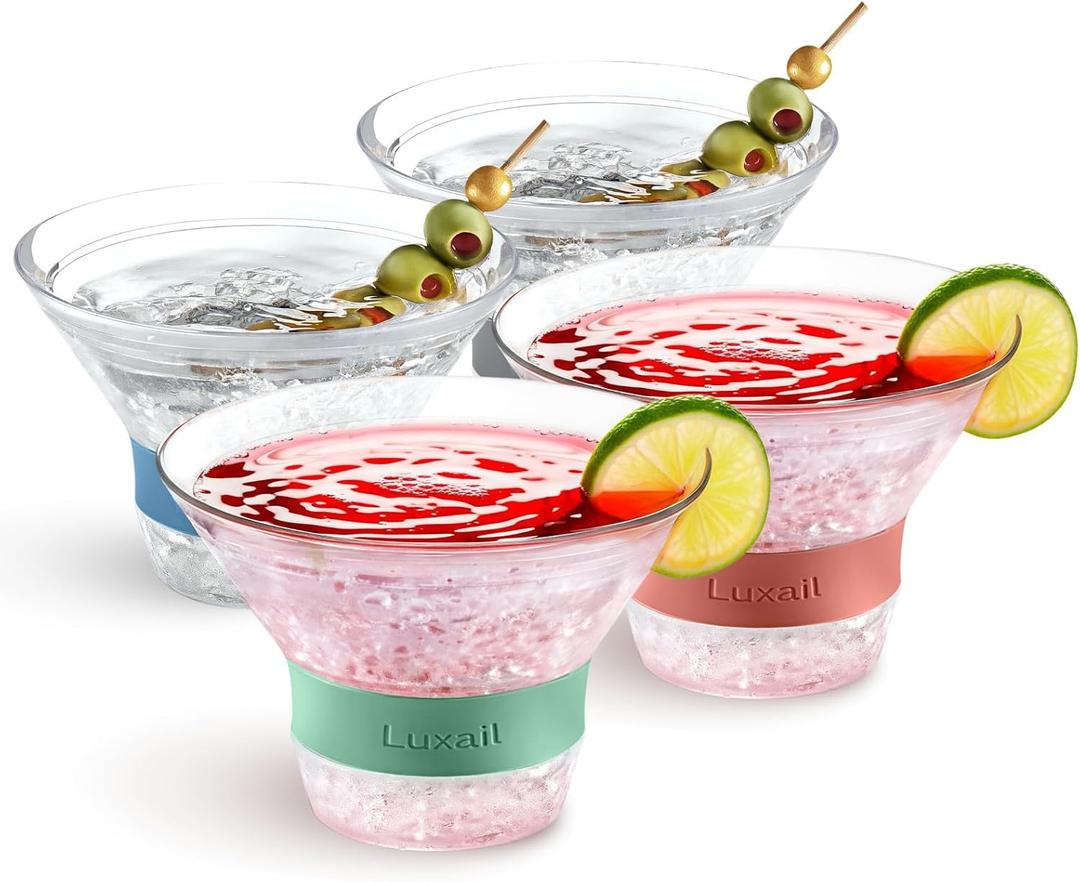 luxail Martini Glasses, Plastic Martini Glasses Set of 4, Double Wall Stemless Martini Cups, 9 Oz Capacity, Martini Gifts, 4 Reusable Cocktail Straws (Multicolor)