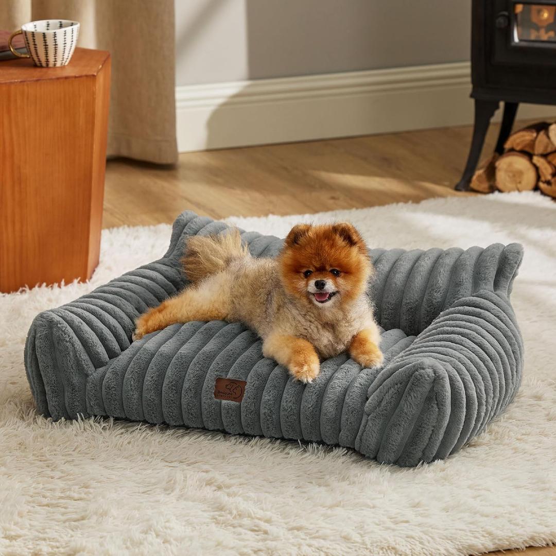 Bedsure Cute Cat Couch for Pets - Fluffy Small Dog Sofa with Premium Soft Corduroy Fleece, Pet Sofa with Removable Washable Cover, Supportive Dog Couch Bed for Small Medium Dogs, 30inch, Warm Grey (30x20x10")