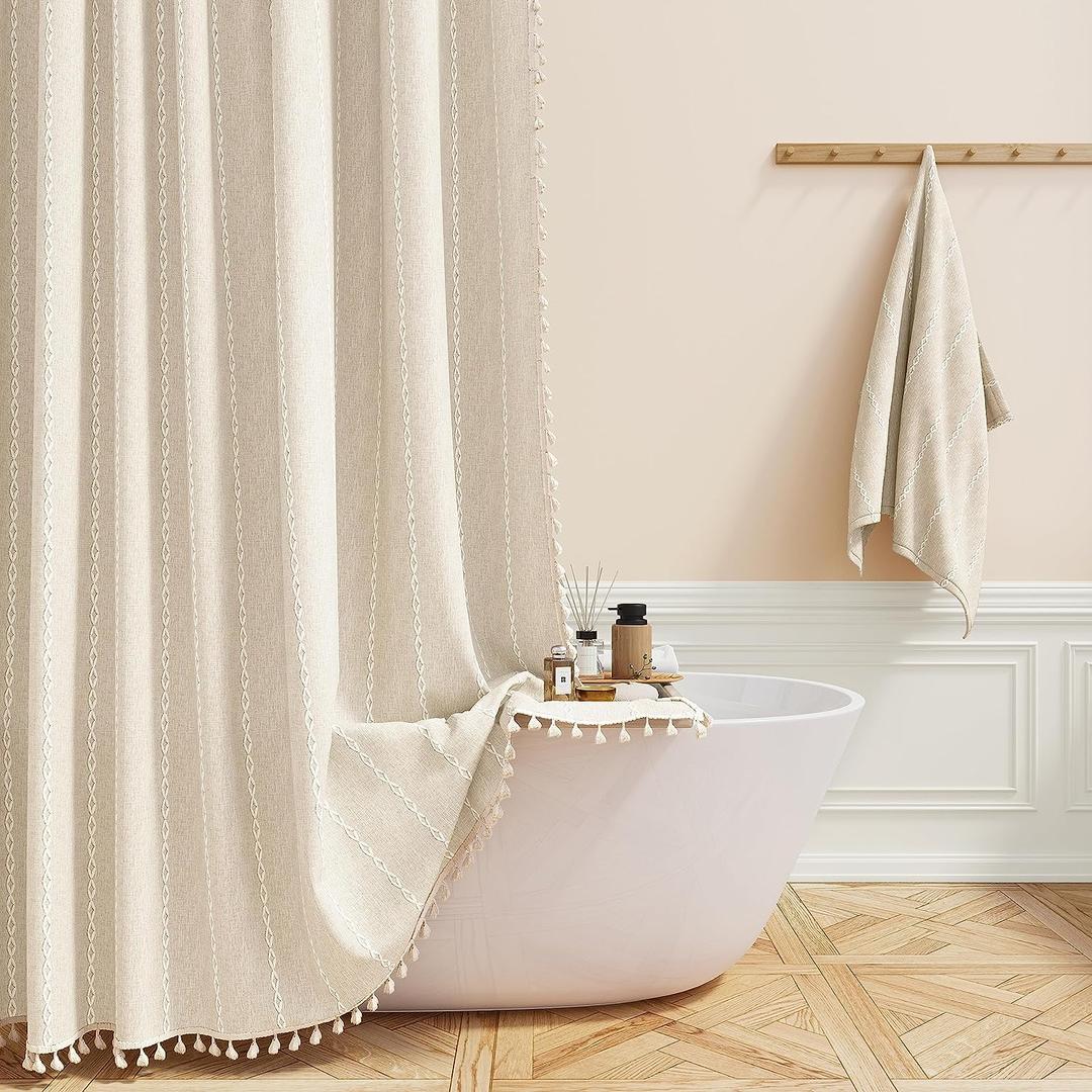 BTTN 78 Inch Long Shower Curtain - Boho Farmhouse Linen Thick Striped Fabric Shower Curtain Set with Plastic Hooks, Tall Rustic Country Luxury Cloth Shower Curtains for Bathroom - Cream/Beige - 72x78