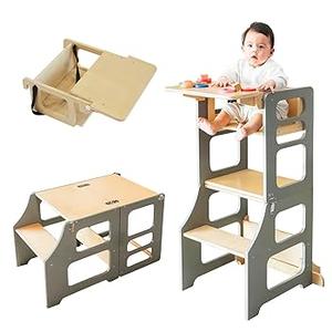 XIHAToy 3-in-1 Montessori Wooden High Chair, Foldable Standing Tower, Converts to Kids Desk & Chair Set, Kitchen Tower for Kids