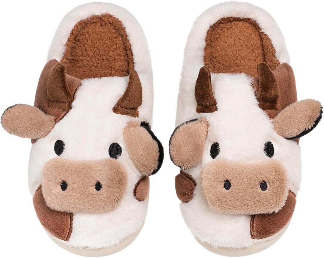 XIXITIAO Slippers For Women,Cow Slippers,Womens Fuzzy Slippers,Cute Animal Cartoon Fluffy Plush House Slippers For Women Men Indoor (Brown)
