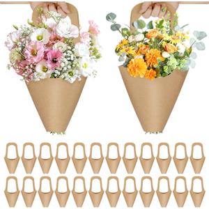 50Pcs Flower Bags for Bouquets, Floral Bouquet Holders with Handle, Flowers Sleeves for Boquet , Floral Kraft Paper Bags 13.8" x 7.5" - Sturdy Flower Wrapping Bag for Valentine's Day, Wedding, Birthday