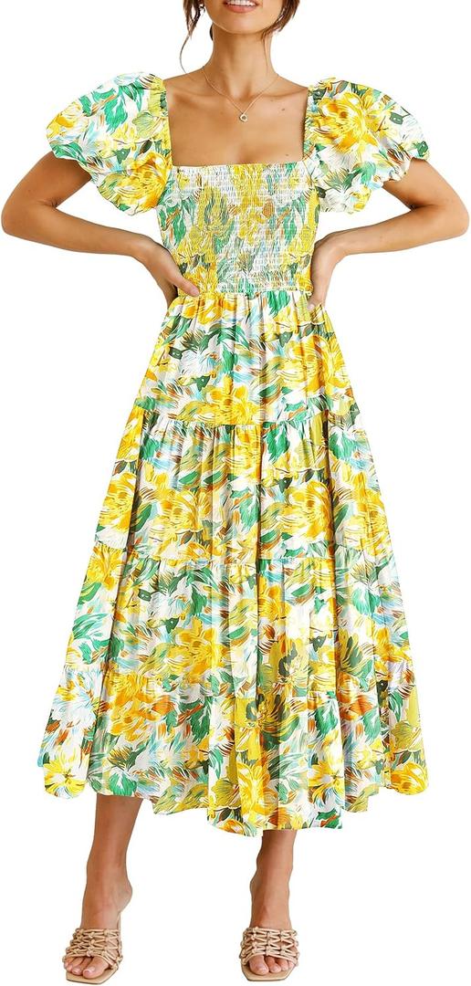 PRETTYGARDEN Women's Casual Summer Midi Dress Puffy Short Sleeve Square Neck Smocked Tiered Ruffle Dresses (Yellow, M)