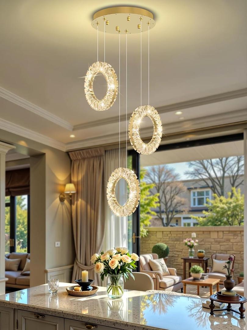 ykolupty Pendant Lights Kitchen Island Mini Crystal Chandeliers 3-Lights Crystal Ring Chandelier for Dining Room Hallway Stairwell,LED Dimmable 2700K-6000K, Round 3-Rings