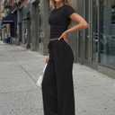 Trendy Queen Womens 2 Piece Lounge Matching Sets Wide Leg Pants Crew Neck Short Sleeve Shirt Sweatsuits (Black, S)
