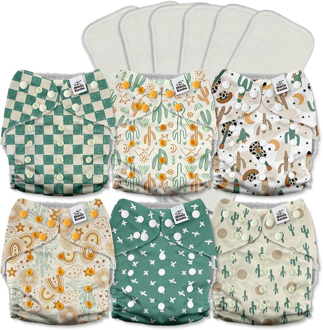 Mama Koala 3.0 Pocket Cloth Diapers for Babies with AWJ Lining, 6 Pack with 6 5-Layer Natural Cloth Diaper Inserts - Reusable and Washable Pocket Diapers(A-Desert Oasis)