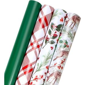 LaRibbons Christmas Wrapping Paper Set, Holiday Gift Wrap with Classic Deer/ Red White Plaid/ Berries Design, Perfect for Season Party, Xmas Presents & Decoration, 30 Inch X 10 Feet-4 Rolls