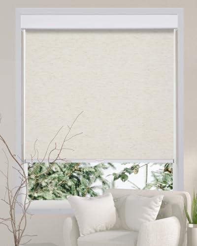 Persilux Free-Stop Cordless 100% Blackout Roller Blinds for Indoor Windows, Natural Woven Fabric UV Protection Privacy Thermal Insulated Roller Shades for Windows, Home, Office, Cream 35.5" W x 64" H (Cream (100% Blackout))