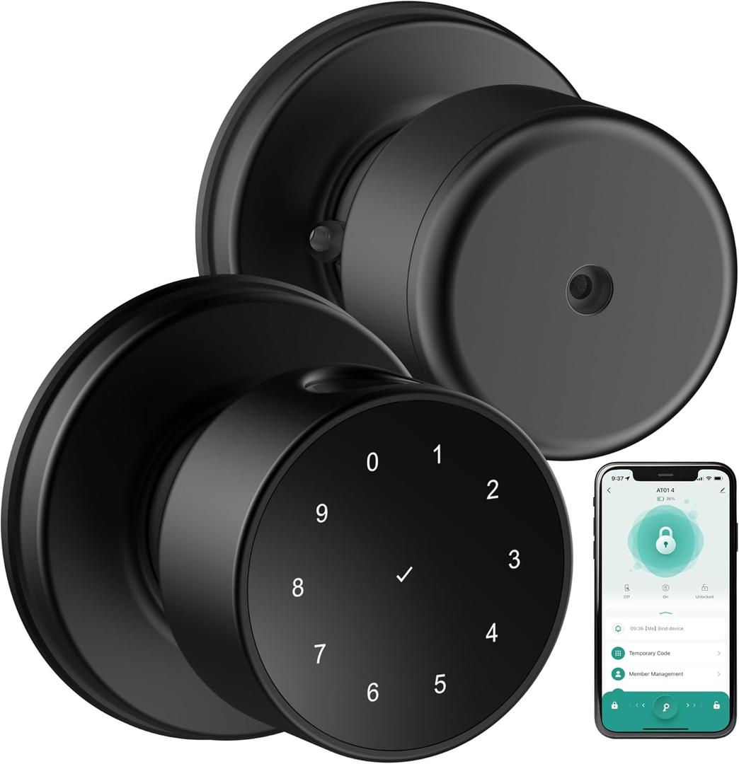 5-in-1 Smart Fingerprint Door Knob with Keypad, Bluetooth/APP Control, Keyless Entry Door Lock, Easy No-Drill Installation for Front Door, Bedroom, Office