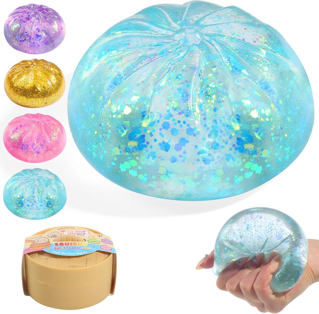 Sugar Glitter Dumpling Squishy,Viral Bao Bun Squishy Dumling Mystery Box,Stress Relief Fidget Squeeze Toy for Holiday & Birthday Gifts (Blue)