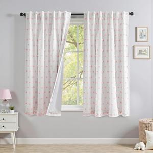 MYSKY HOME Flowers Curtains for Girls Bedroom 63 Inches Long Total Light Blocking Girl Room Curtain 2 Panels Room Darkening Back Tab Window Drapes with Pom Pom Sheer 52W x 63L