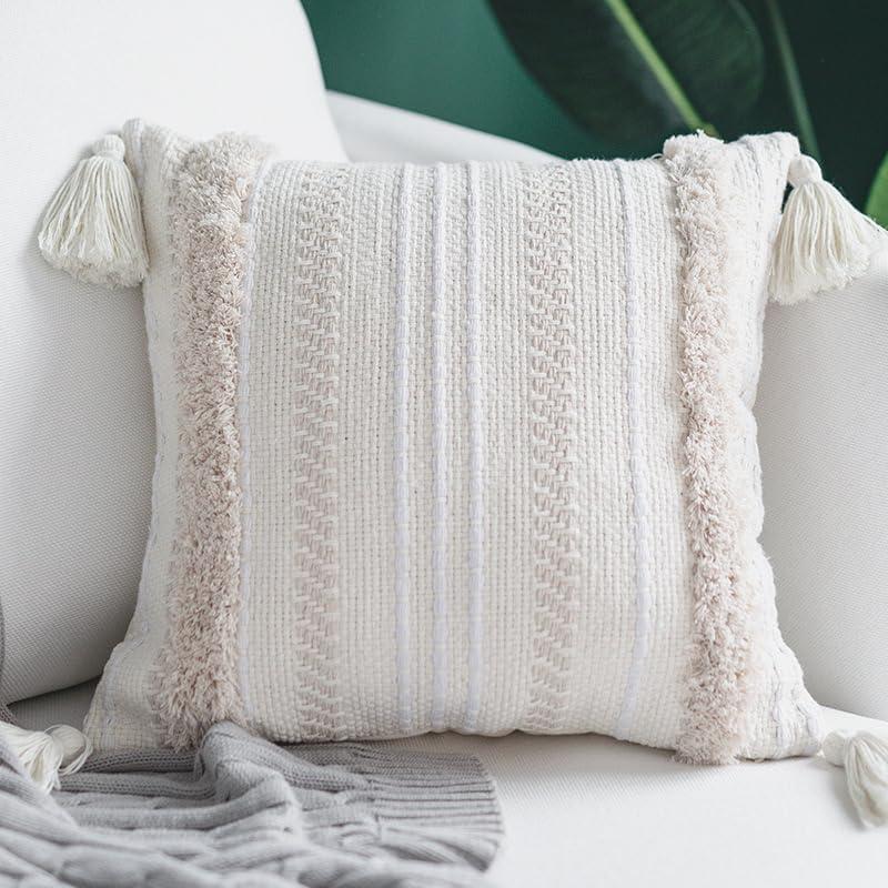 Beige Decorative Pillow Covers 18x18 Inch Soft Linen Texture Couch Throw Pillows Farmhouse Cushion Covers with Elegant Design for Sofa Bedroom Living Room Home Decor