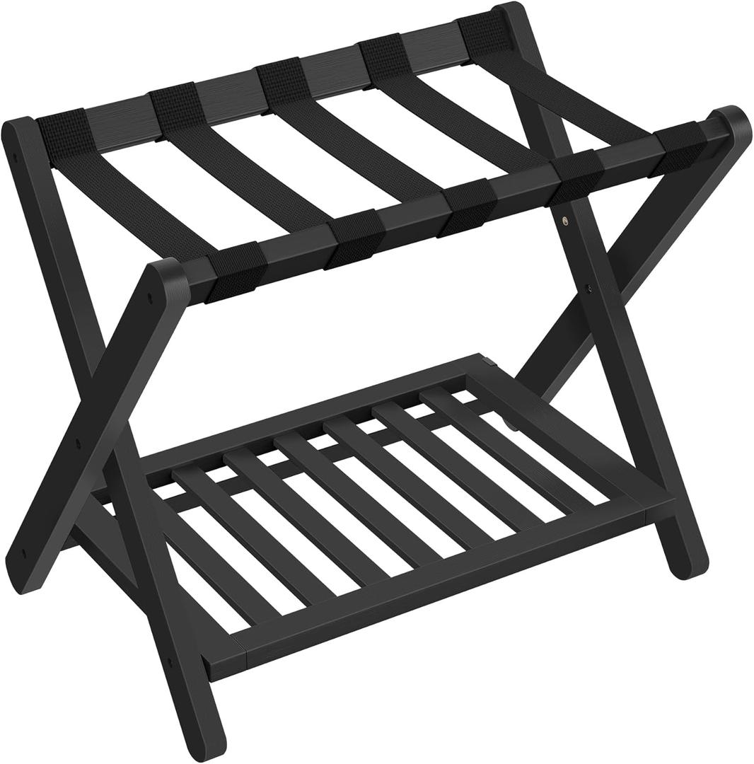 SONGMICS Solid Wood Luggage Rack, No Assembly Required, Foldable Suitcase Stand, Luggage Holder, with Storage Shelf, for Guest Room, Hotel, Bedroom, Ink Black URLR020B02