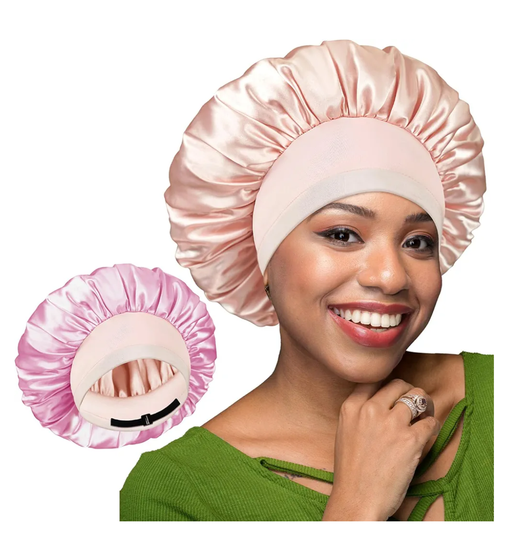 BONNET QUEEN Silk Bonnet for Sleeping Women Satin Bonnet Hair Bonnet Adjustable Reversible Double Layered Sleep Night Cap for Curly Hair Jade and Pink, Pack Of 2 