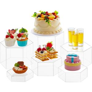 Leinuosen 6 Pcs Large Buffet Risers, 5.5 to 8 Inch Catering Dessert Table Risers Food Decorative Stands with hollow bottom for Catering Supplies, Party (Clear, Hexagonal)