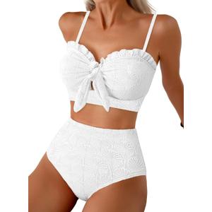 Herseas Women's Seashell Textured Bikini Sets Knotted Front 2 Piece Swimsuits Ruffle Trim Bathing Suits (Medium, White)